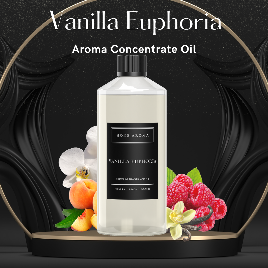Hone Aroma Vanilla Euphoria Essential Aroma Oil Concentrate bottle with vanilla, peach, and raspberry accents