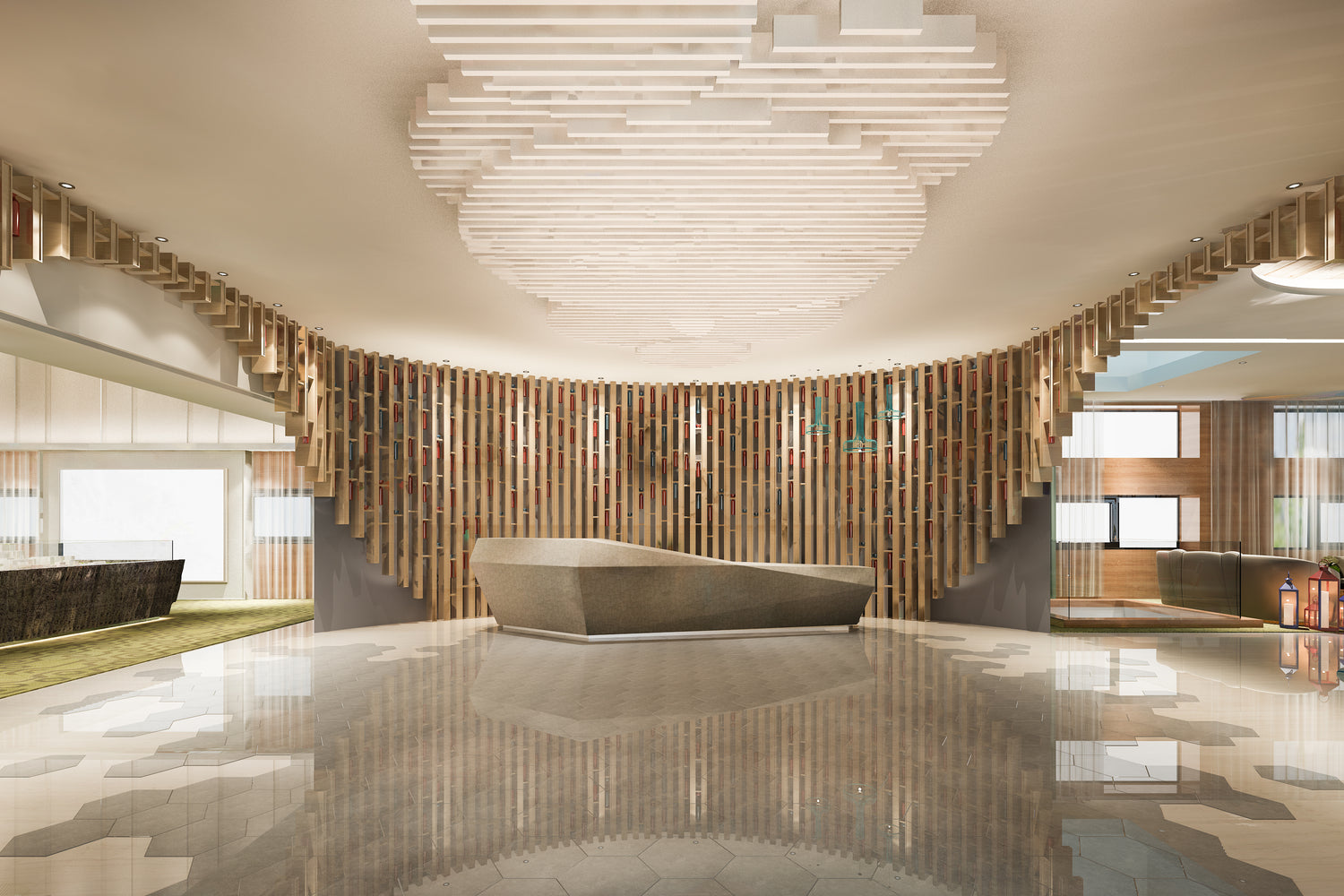 rendering of a luxury hotel lobby