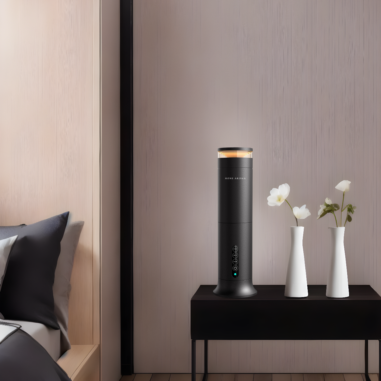 Pillar Scent Diffuser by Bedside next to flowers