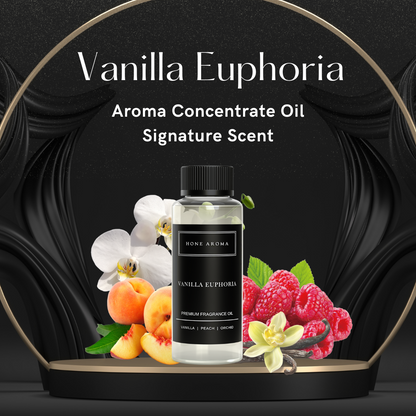 Vanilla Euphoria Essential Aroma Oil Concentrate bottle with vanilla, peach, orchid, and raspberry fruits on black background